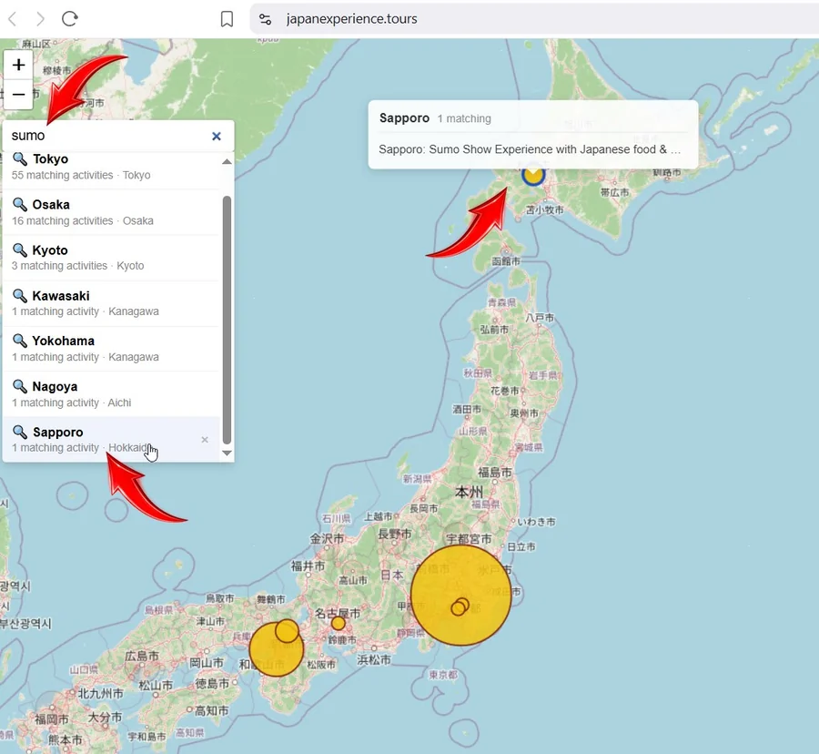 Filtering 'sumo' on the japanexperience.tours map shows the geographic spread: Tokyo (55 matching), Osaka (16), Kyoto (3), Kawasaki (1), Yokohama (1), Nagoya (1), Sapporo (1), totalling 78 sumo activities across 7 cities. The Sapporo popup is open showing the single Hokkaido sumo show.