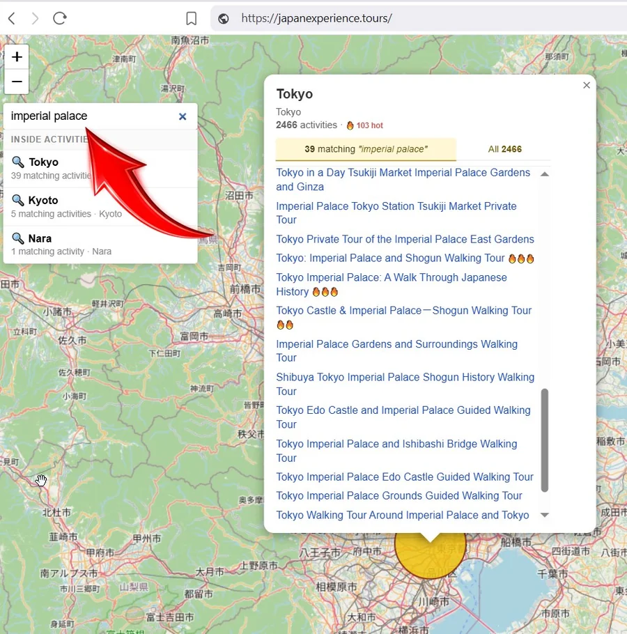 Filtering 'imperial palace' on the japanexperience.tours map highlights Tokyo (39 matching tours), Kyoto Imperial Palace (5 tours), and Nara's Heijo Palace ruins (1 tour). The Tokyo popup shows the matching catalogue with hot-tour flame badges.